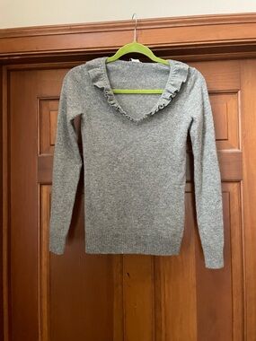 J. Crew Gray Ruffle Scoop-Neck Sweater